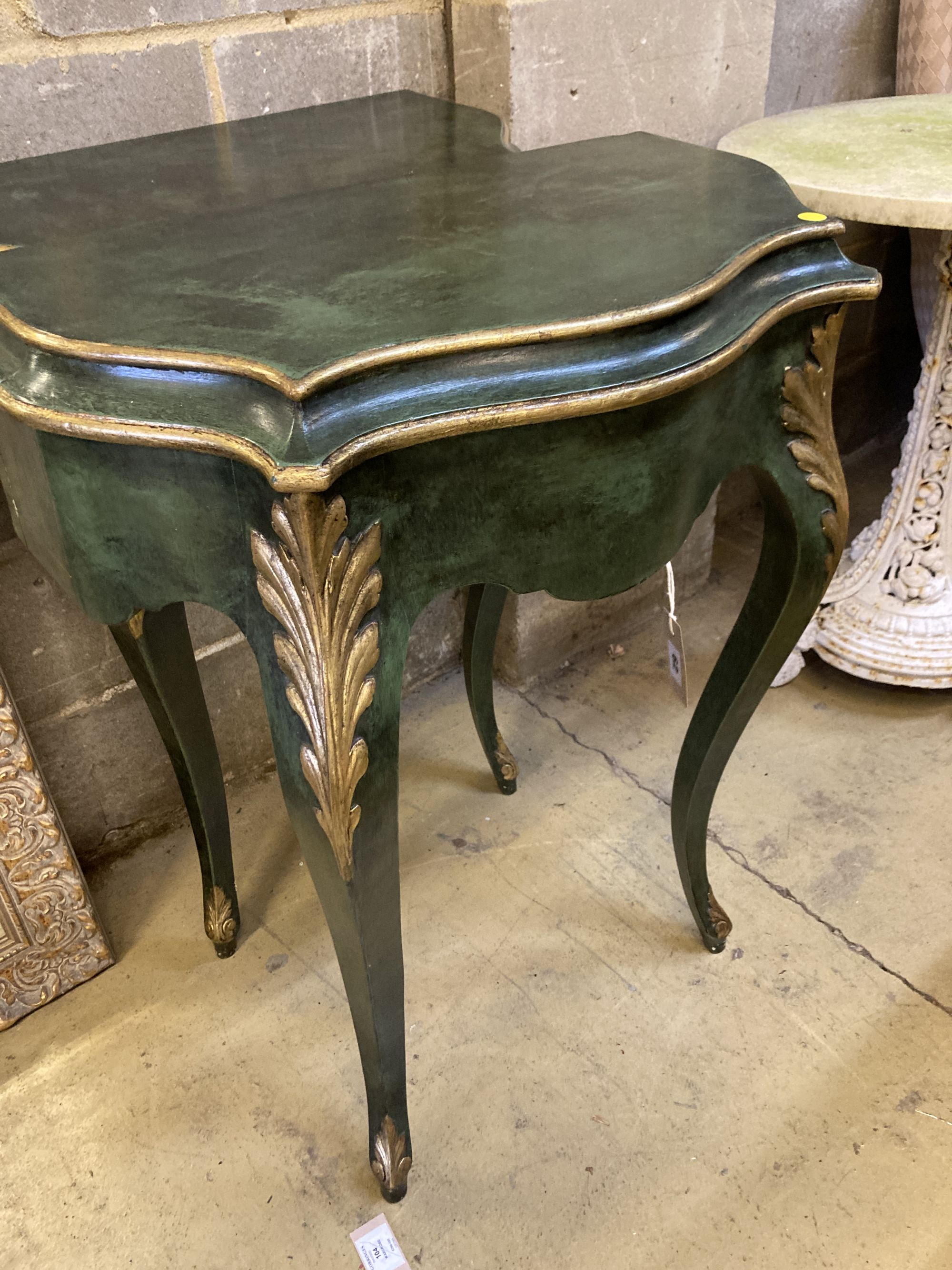 A pair of green painted and gilt console tables, width 65cm, depth 35cm, height 81cm